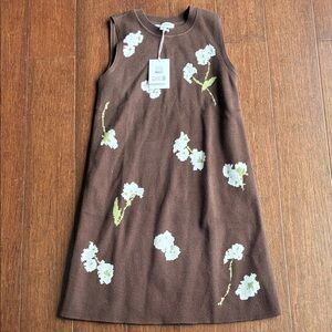 Universal Thread Brown Floral Knit Midi Dress with White and Green Accents